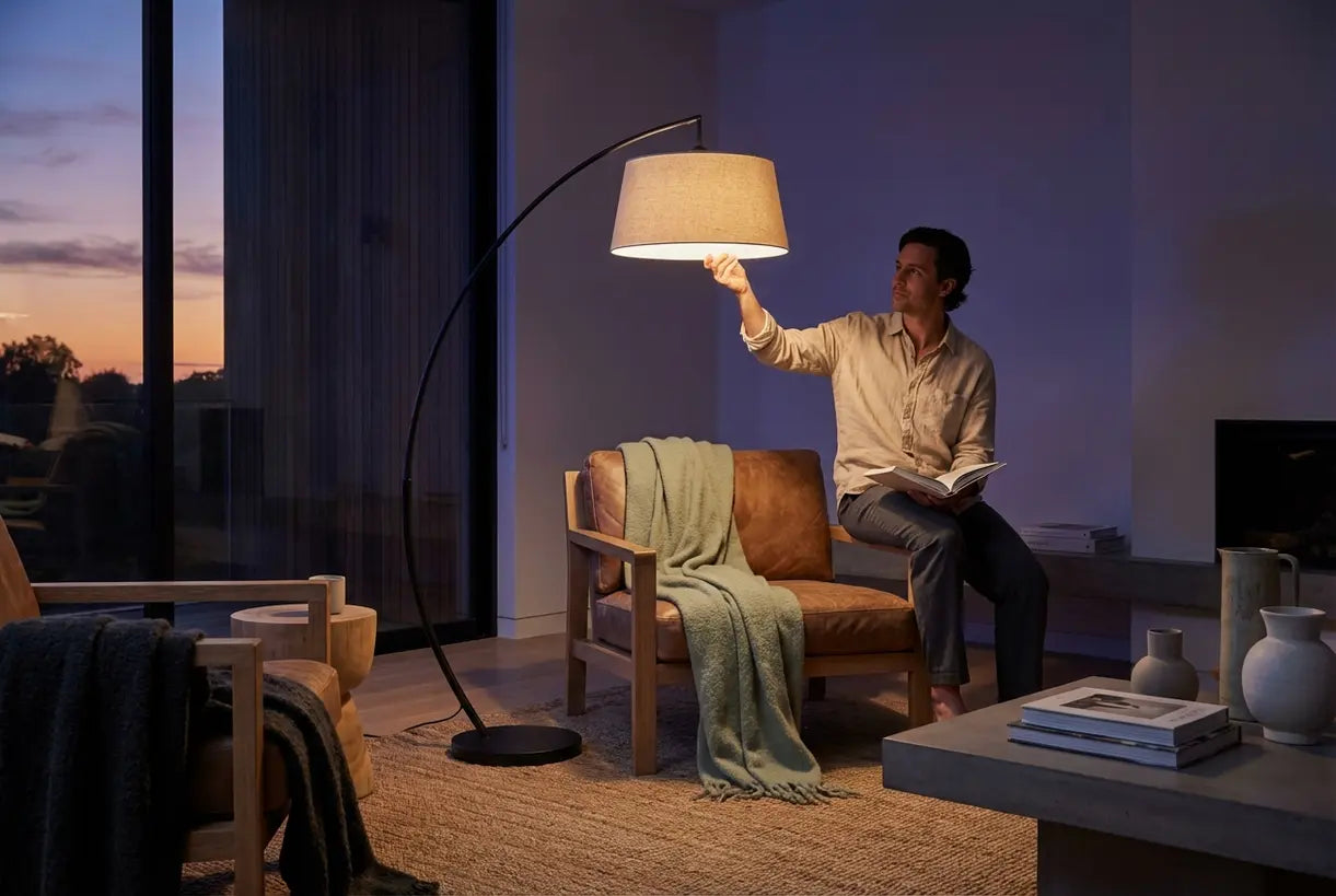 Moderne woonkamer met sculpturale zwarte vloerlamp die een sfeervolle, gedempte verlichtingssfeer creëert