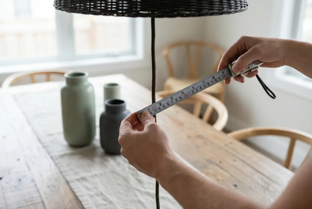 Hands measuring pendant light height above dining table with tape measure