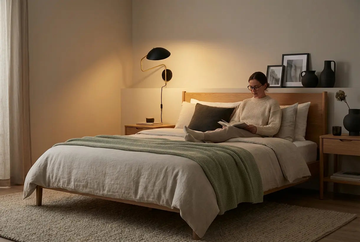 Modern wall sconce lighting in Scandinavian bedroom interior