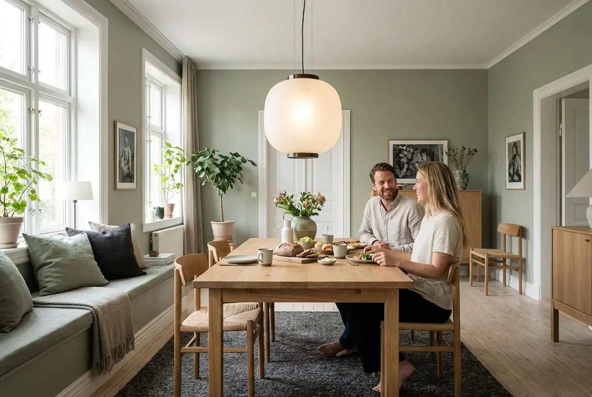 Scandinavische eetkamer met plafondlamp met matte glazen kap