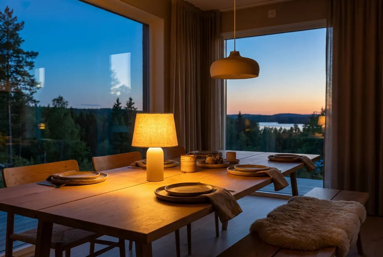 Scandinavische eetkamer met snoerloze oplaadbare tafellamp die een warme sfeer creëert