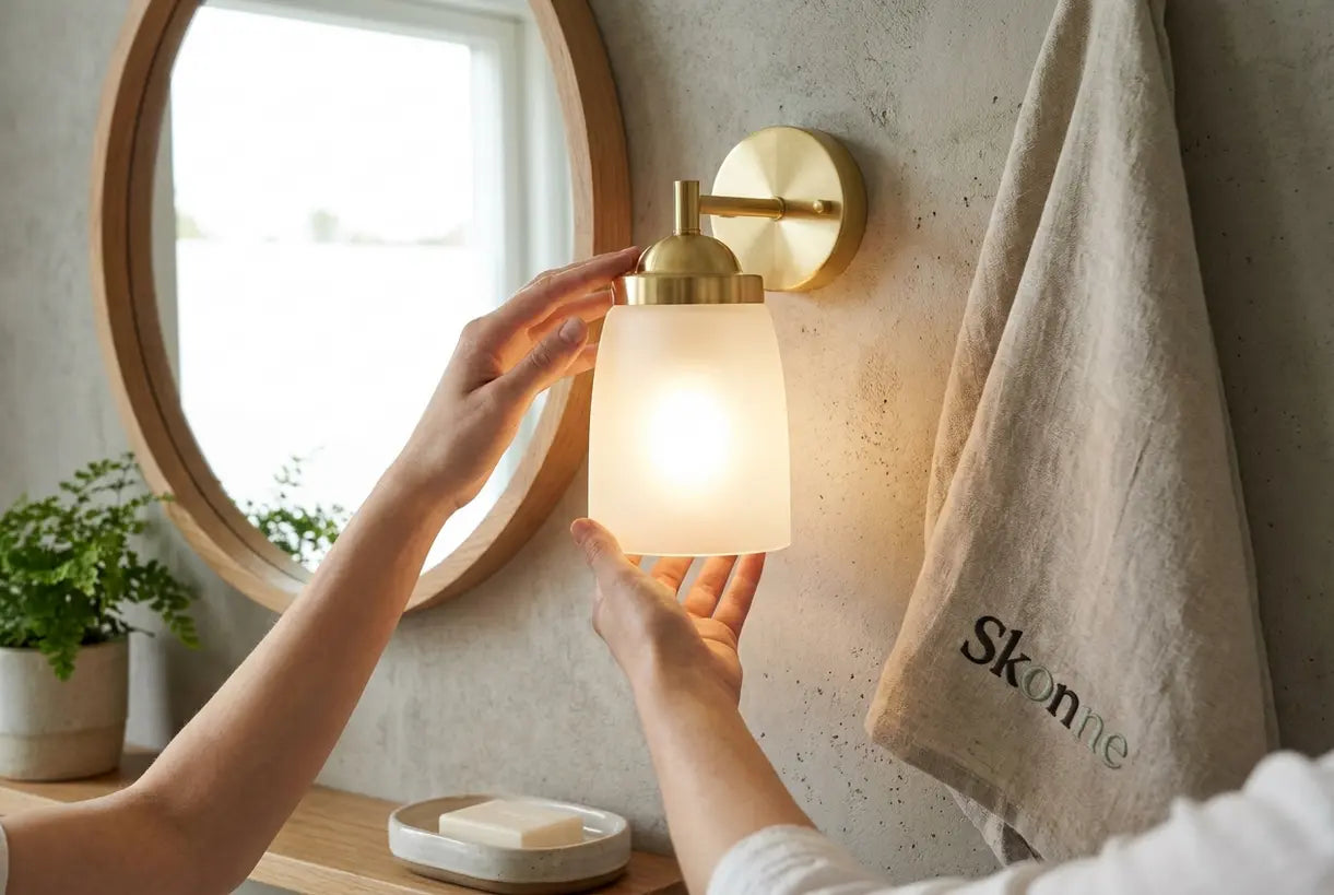Scandinavian brass wall sconce being adjusted beside bathroom mirror with warm ambient lighting
