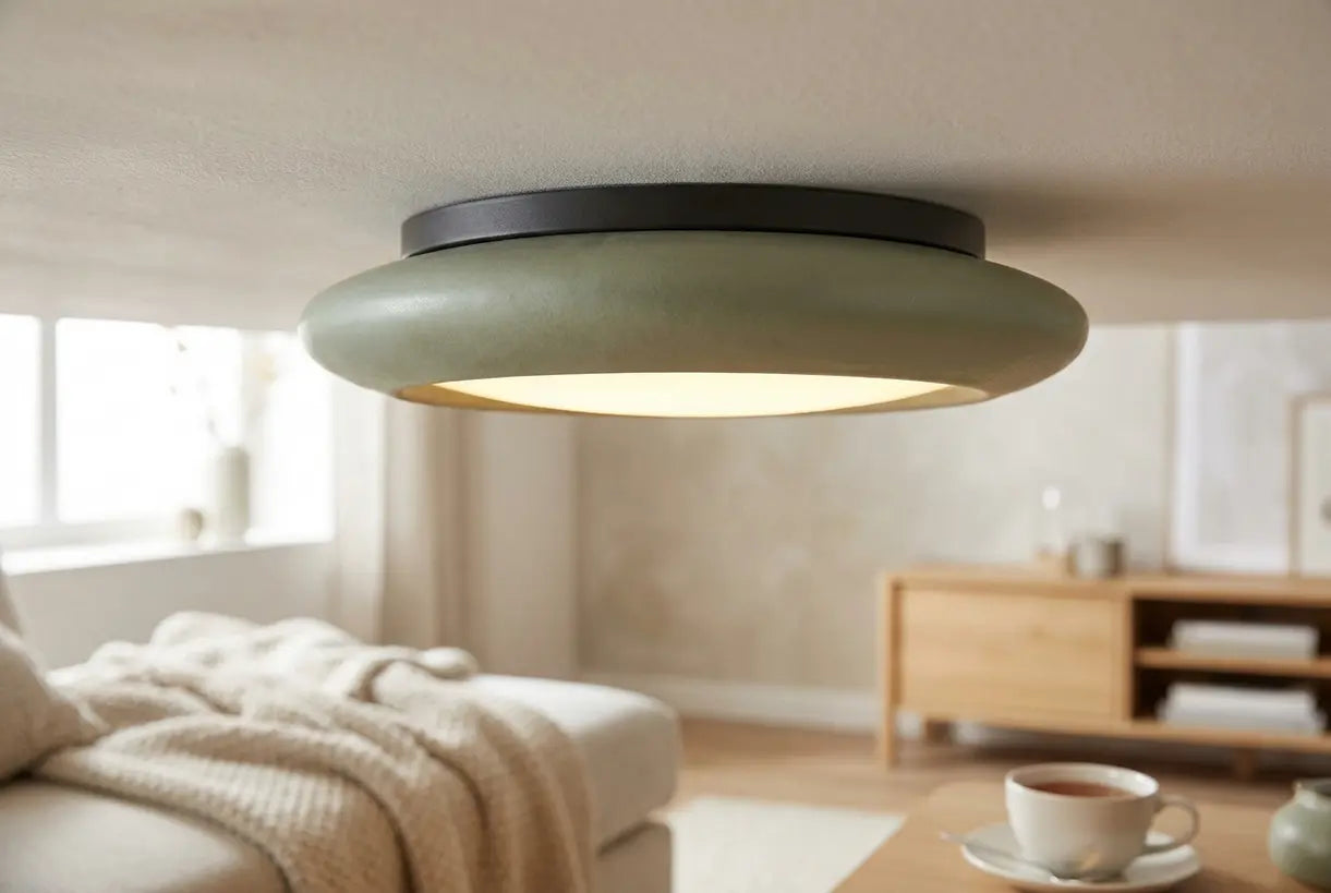 Scandinavian flush mount ceiling light fixture detail for low ceiling living rooms