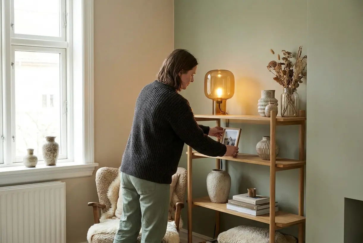 Scandinavian living room with personalized home decor, artisan ceramics, and warm ambient lighting