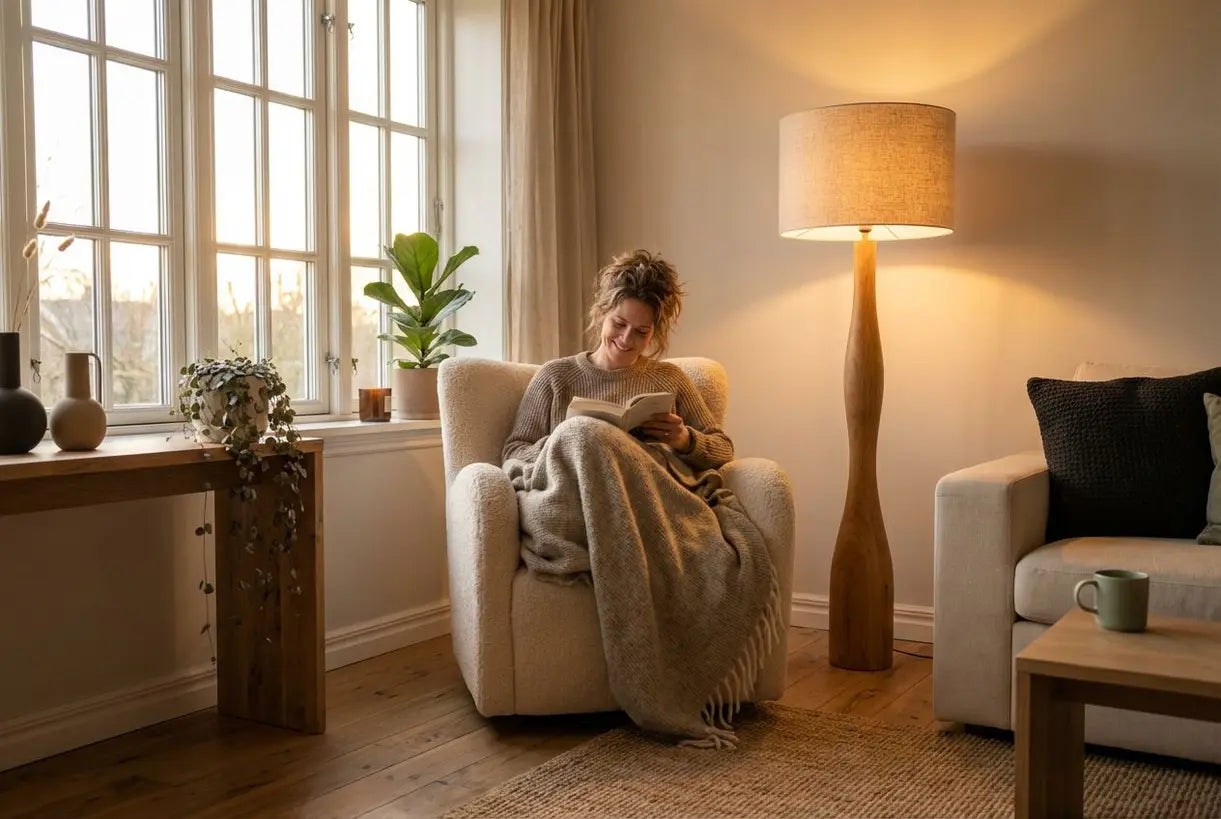 Gezellige Scandinavische woonkamer met houten vloerlamp die warm licht werpt op natuurlijke houten vloer