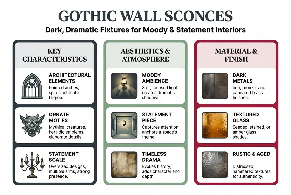 Gotische wandlampen: donkere, dramatische armaturen voor een sfeervol interieur met karakter - infographic