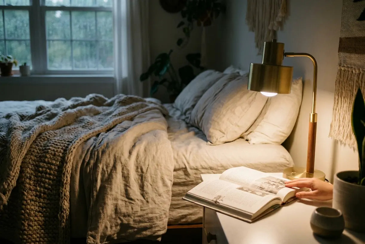 Modern bedside lamp casting warm light on an open book