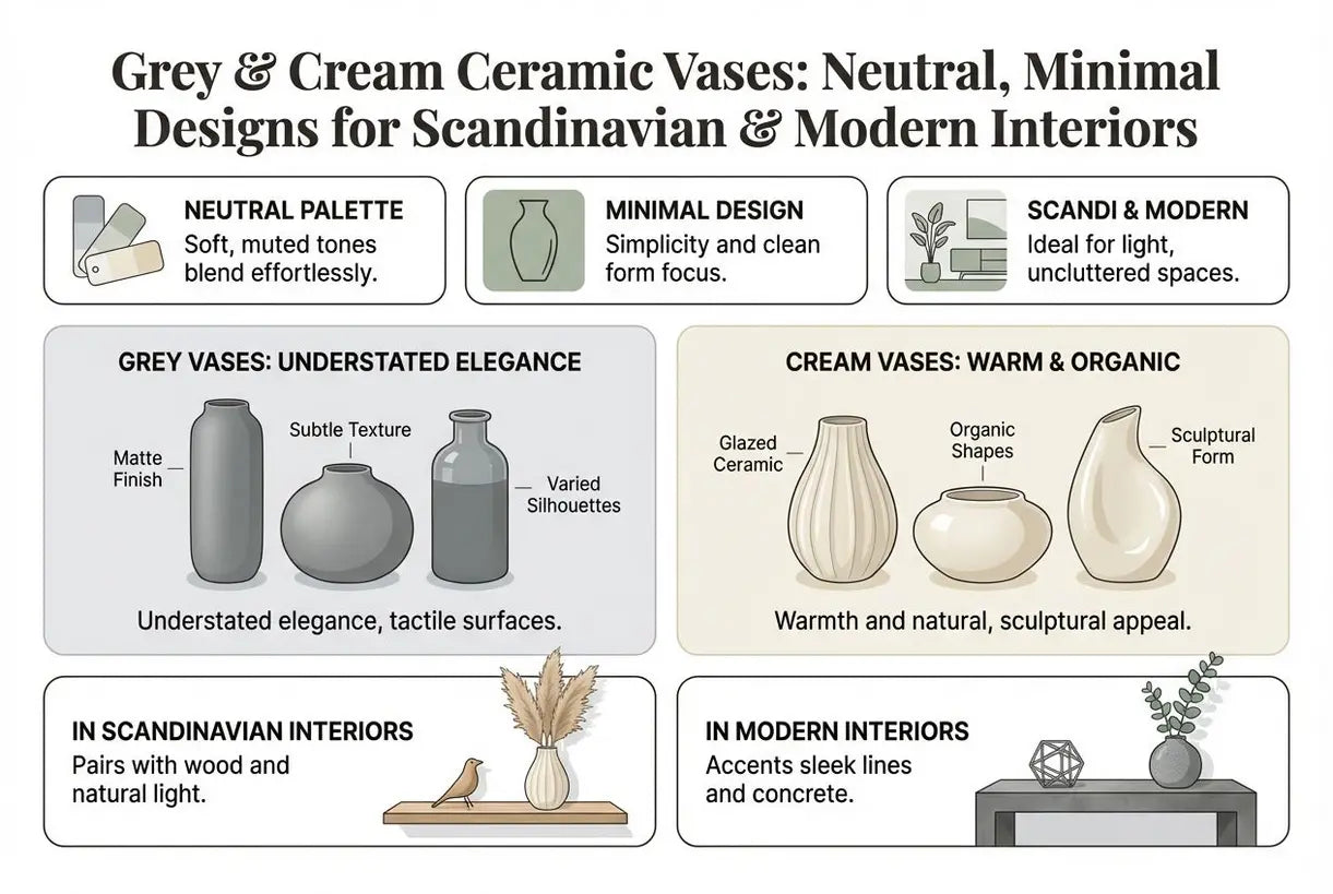 Grijze en crèmekleurige keramische vazen: neutrale, minimalistische ontwerpen voor Scandinavische en moderne interieurs - infographic
