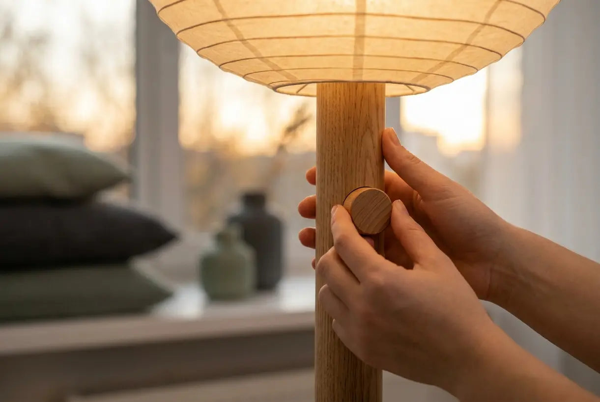 Hands adjusting ambient lighting dimmer switch on Scandinavian floor lamp with warm glow