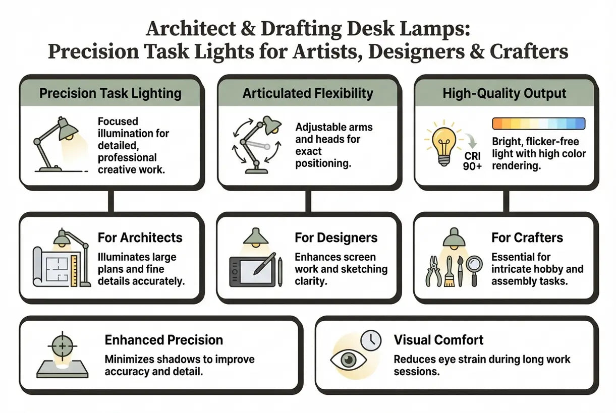 Architect & Teken Bureaulampen: Precisie Taaklampen voor Kunstenaars, Ontwerpers & Knutselaars - infographic