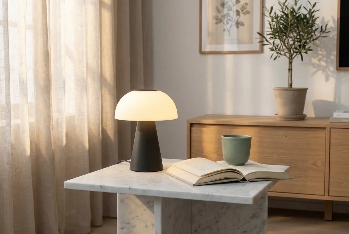 Draagbare armatuur lamp op marmeren bijzettafel in Scandinavisch interieur met warme sfeerverlichting