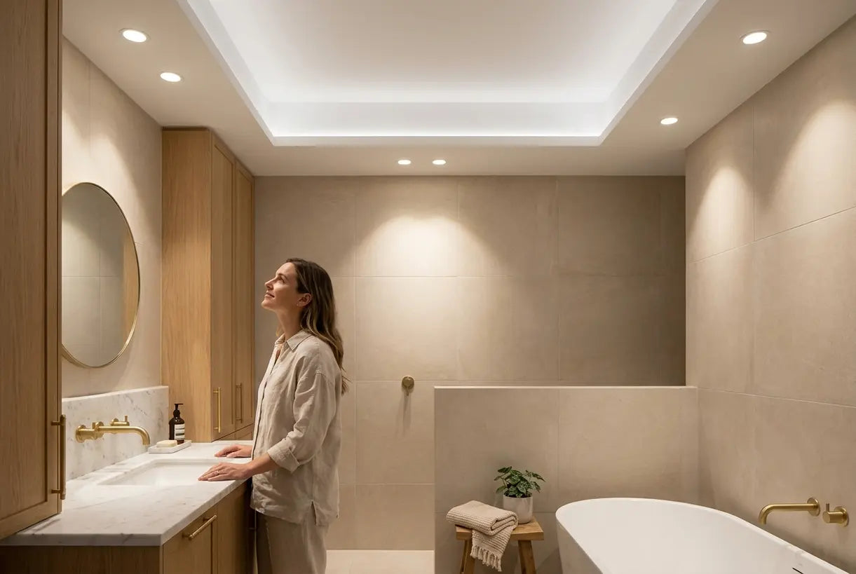 Modern Scandinavian bathroom with recessed ceiling lighting creating warm ambient glow