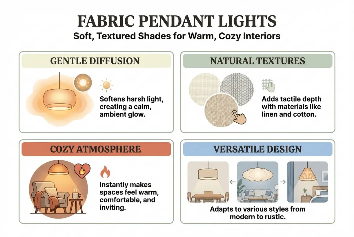 Fabric Pendant Lights: Soft, Textured Shades for Warm, Cozy Interiors - infographic