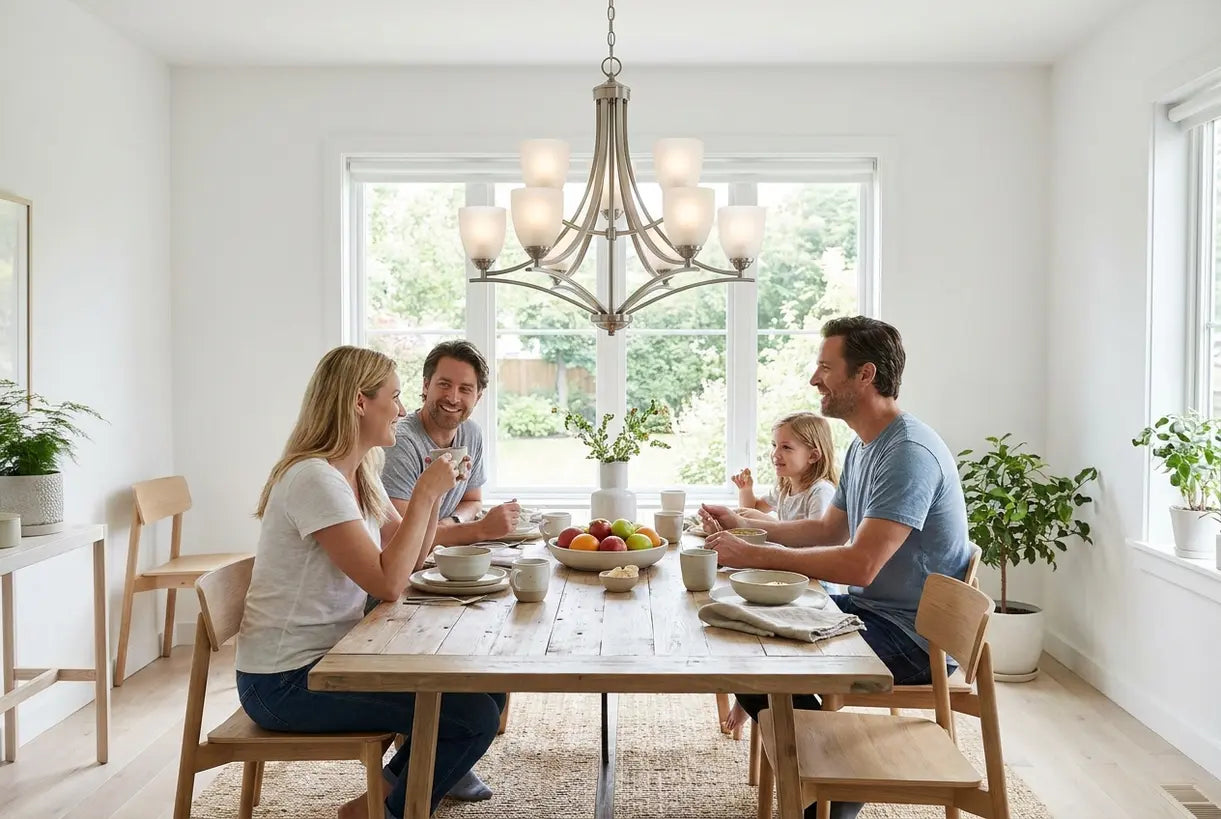Modern Scandinavian dining room with brushed nickel chandelier centerpiece
