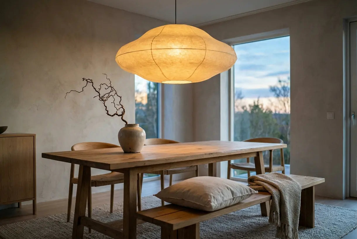 Japanse washi papieren plafondlamp die een minimalistisch Japandi eetkamerinterieur verlicht