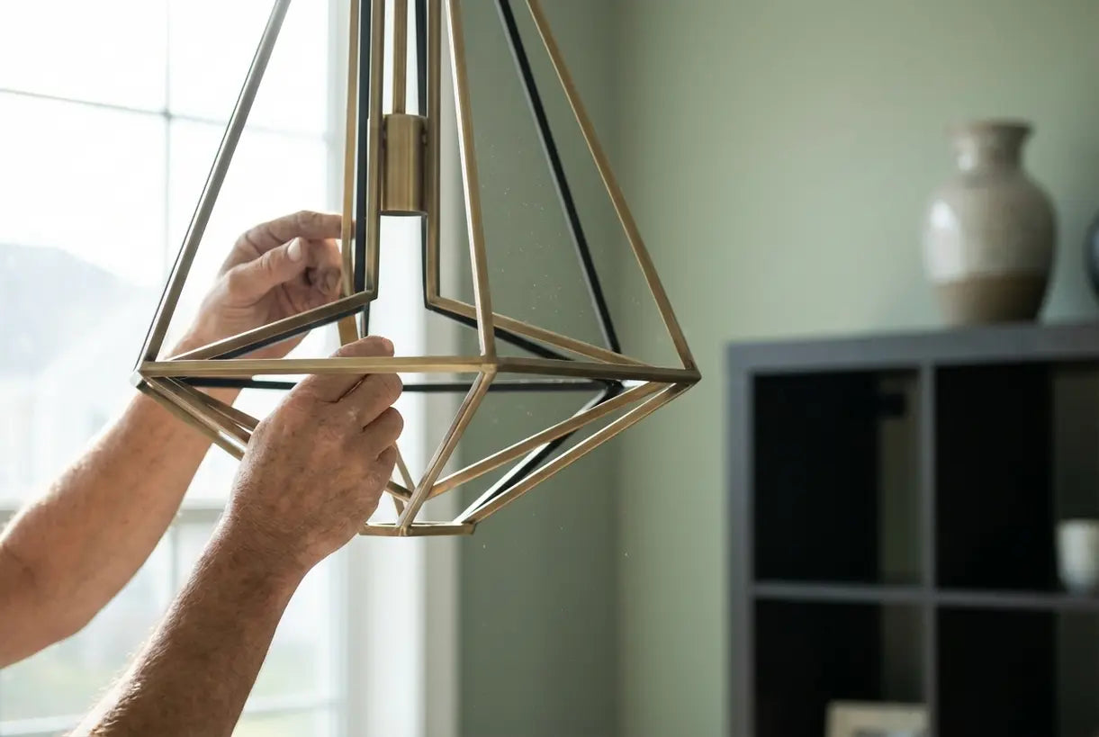 Close-up van geometrische hanglamp met hoekig metalen design die wordt versteld