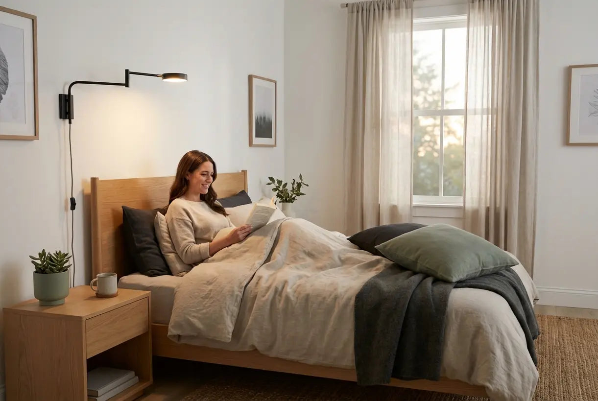 Skandinavisches Schlafzimmer mit Steckdosen-Wandleuchte zur Lektüre im Bett