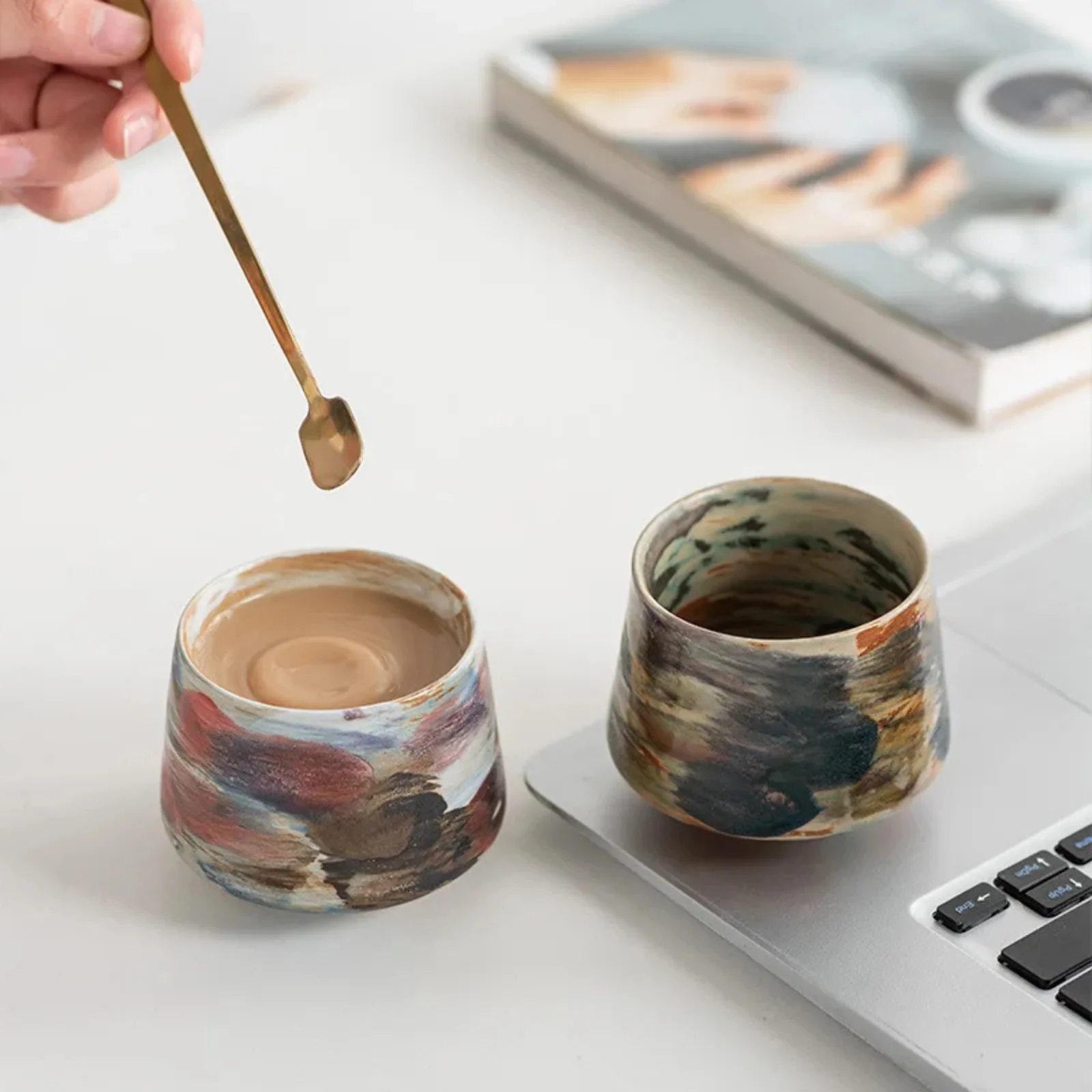 Retro Ceramic Latte Cup Set of 6 for Coffee Lovers, Drinkware Sets, Kveld Glazed 6-Piece