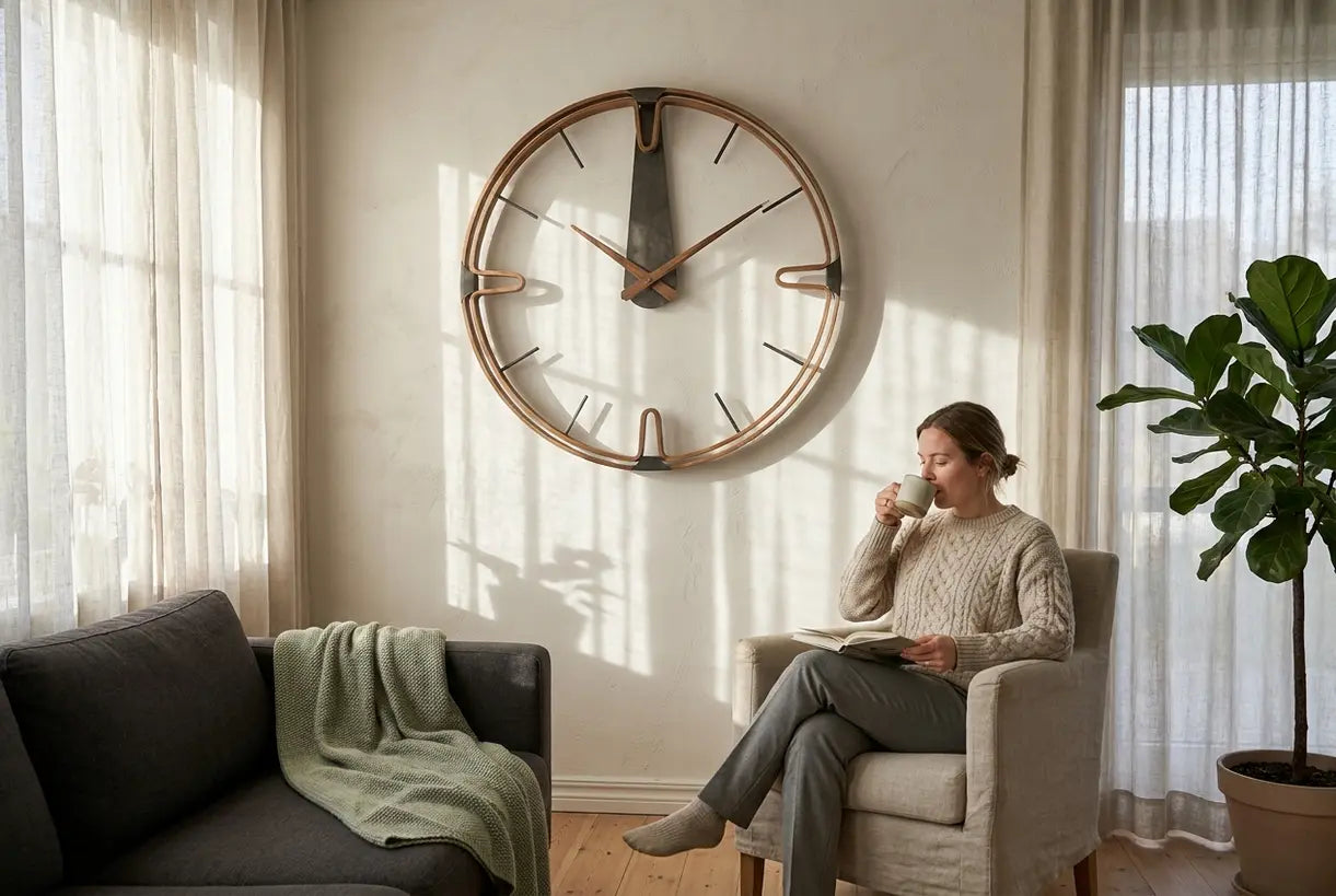 Skandinavisches Wohnzimmer mit großer, einzigartiger Wanduhr als Statement-Dekor-Blickfang