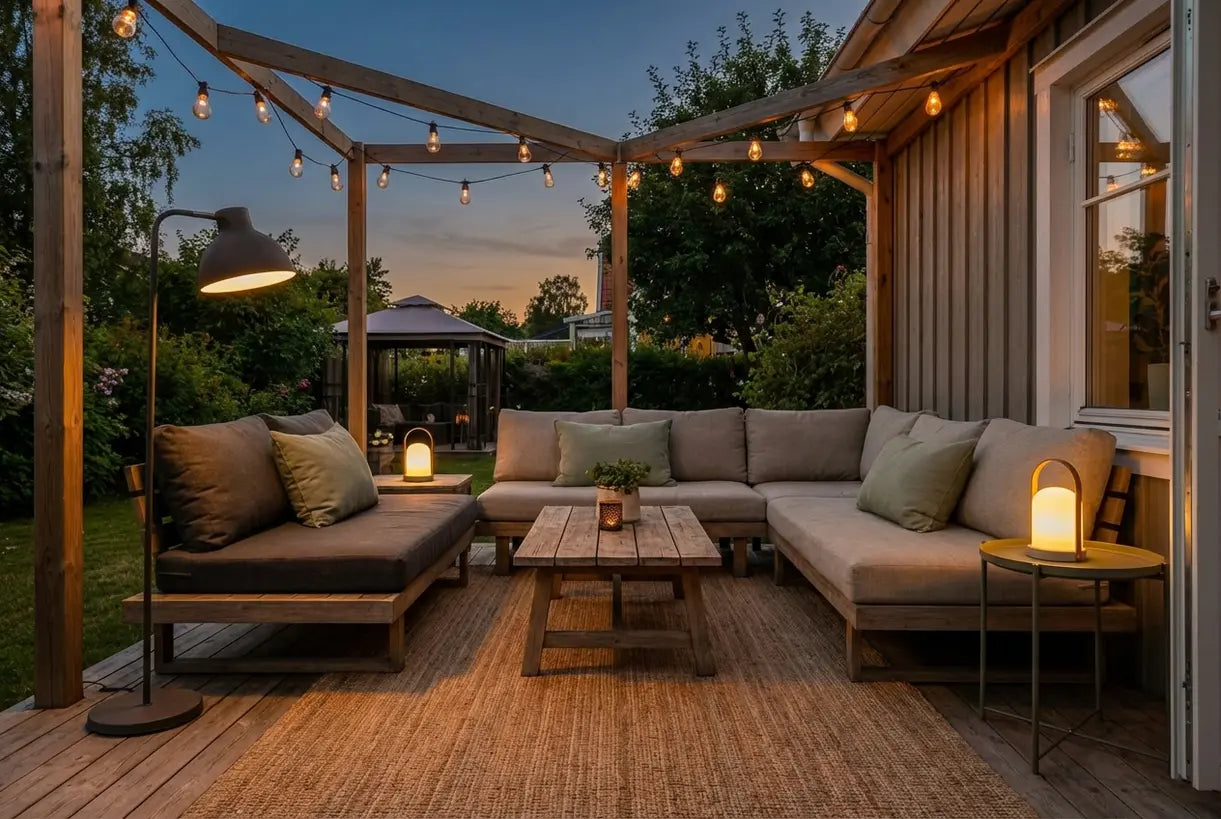 Buiten terras in de schemering met gelaagde verlichtingsarmaturen die een warme Scandinavische sfeer creëren