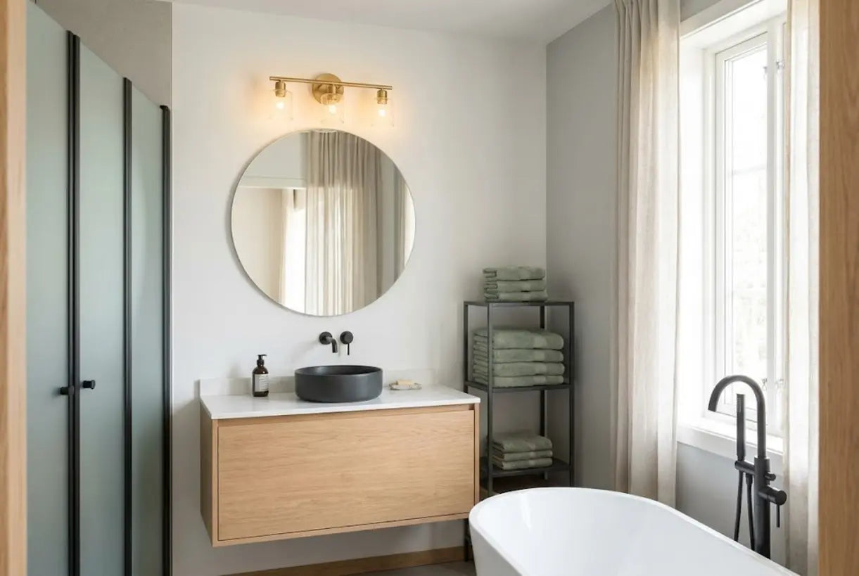 Scandinavian bathroom interior with brushed gold vanity lights and minimalist spa design