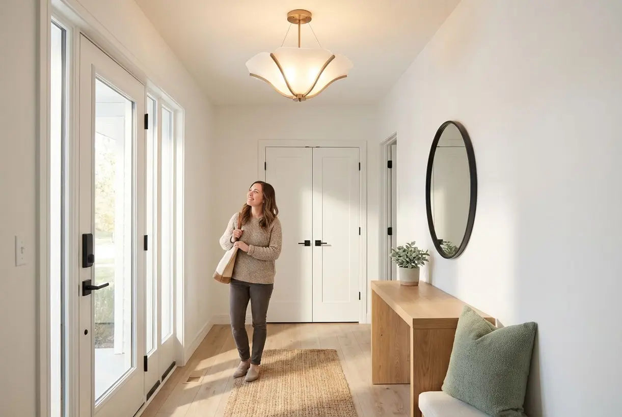 Scandinavische hal met een moderne plafondlamp die de ruimte verlicht