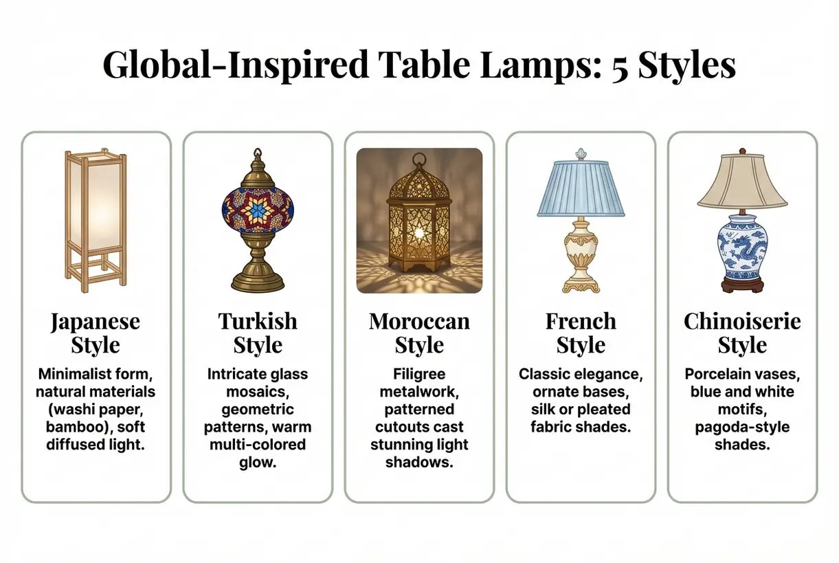 Tafellampen geïnspireerd op de wereld: Japanse, Turkse, Marokkaanse, Franse en chinoiserie-stijlen - infographic