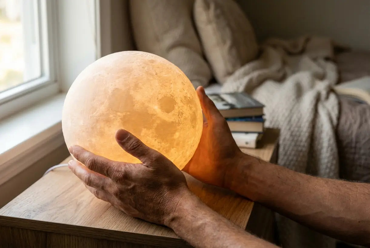 Close-up van handen die een oplichtende oplaadbare maanlamp met een maanoppervlak-textuur aanraken
