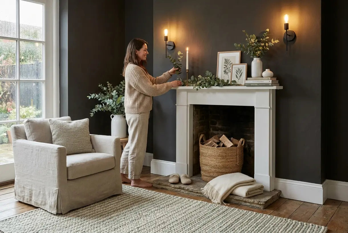 Scandinavian fireplace styling with wall sconces, greenery, and seasonal mantel decor in cozy living room