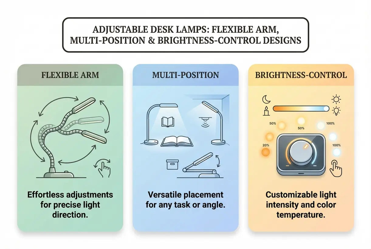 Verstelbare bureaulampen: Flexibele arm, meervoudig verstelbaar & ontwerpen met helderheidsregeling - infographic