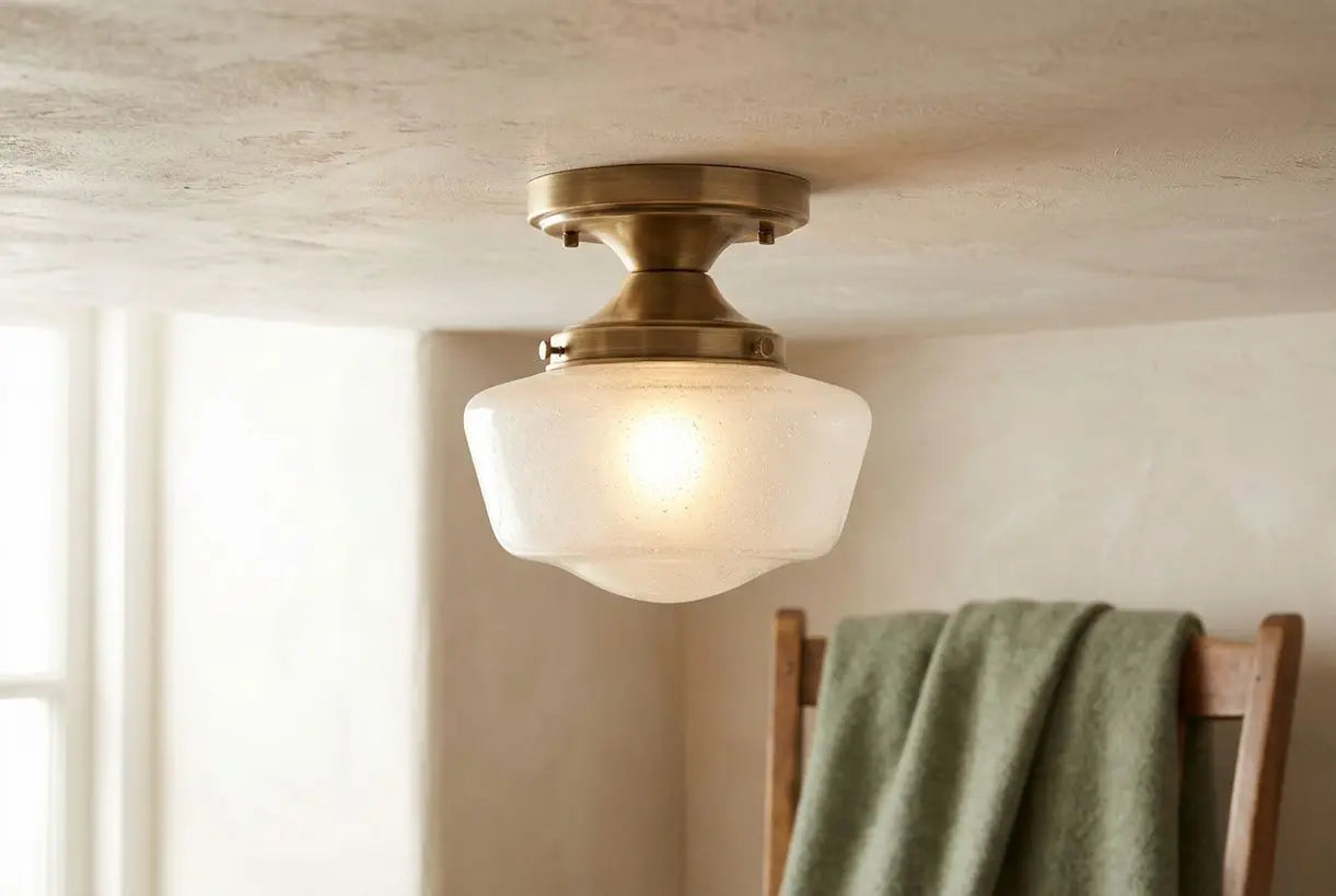 Detail van semi-opbouw plafondarmatuur met elegant metaal- en glasvakmanschap