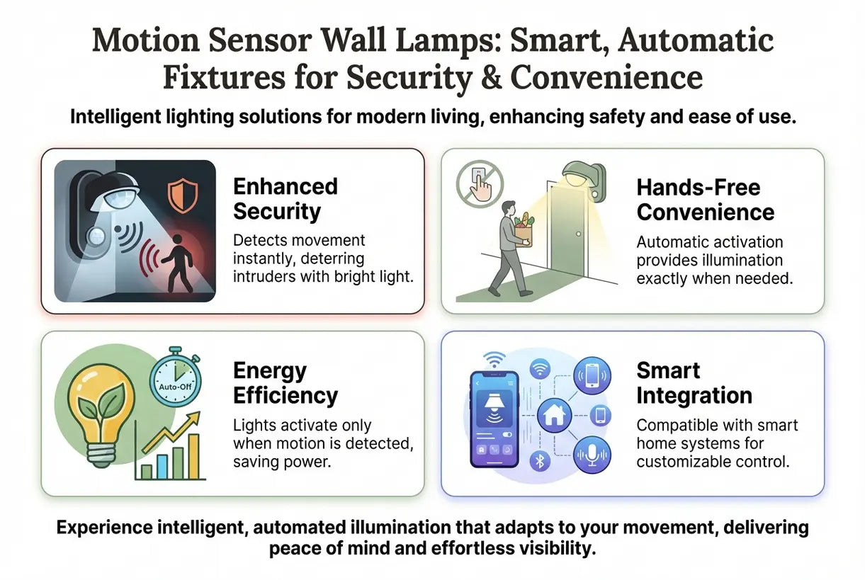 Wandlampen met bewegingssensor: slimme, automatische armaturen voor beveiliging en gemak - infographic
