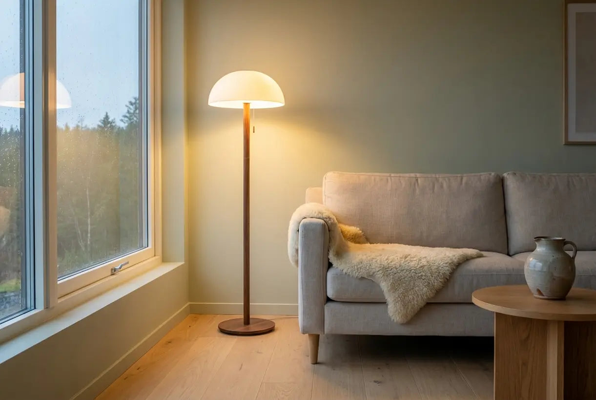 Scandinavische woonkamer met paddenstoelvloerlamp die warme hygge-verlichting werpt op minimalistische interieurdecoratie