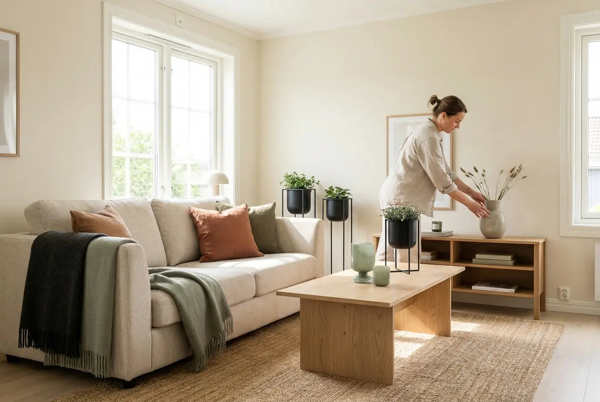 Modern Scandinavian living room interior with earthy color palette and contemporary decor