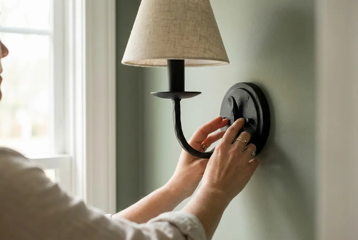 Hands adjusting a matte black iron wall sconce with fabric shade in a Scandinavian bedroom setting