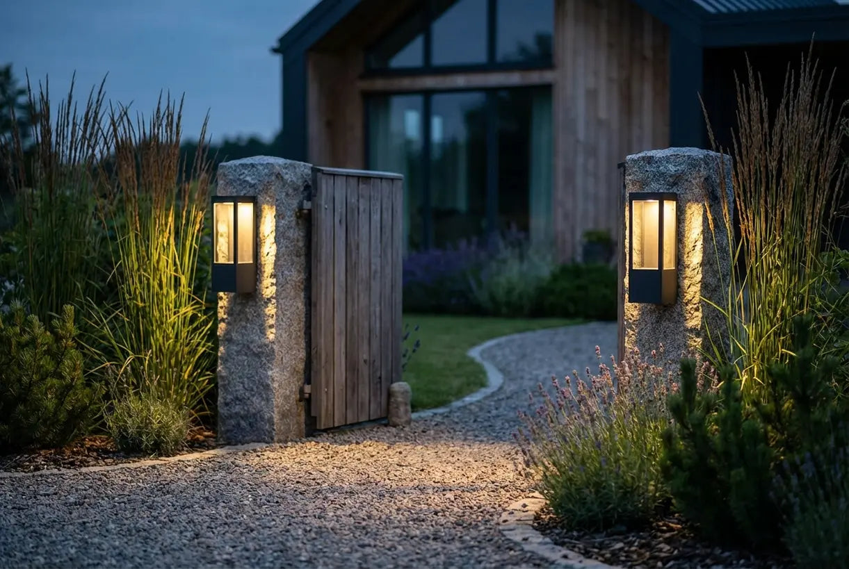 Scandinavische tuiningang met kolomlampen die het pad verlichten in de schemering