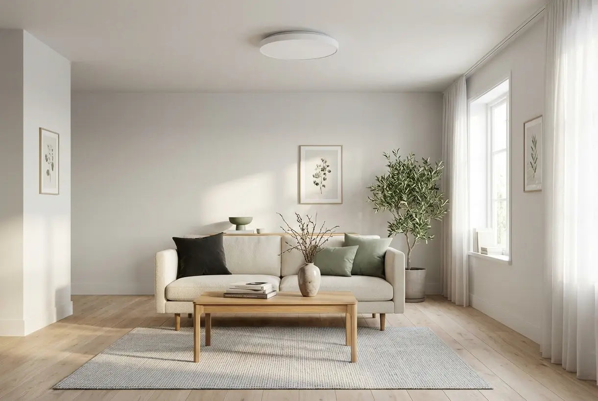 Scandinavische woonkamer met een witte plafondlamp voor vlakke montage voor een lichte, luchtige sfeer in een minimalistisch Scandinavisch interieur