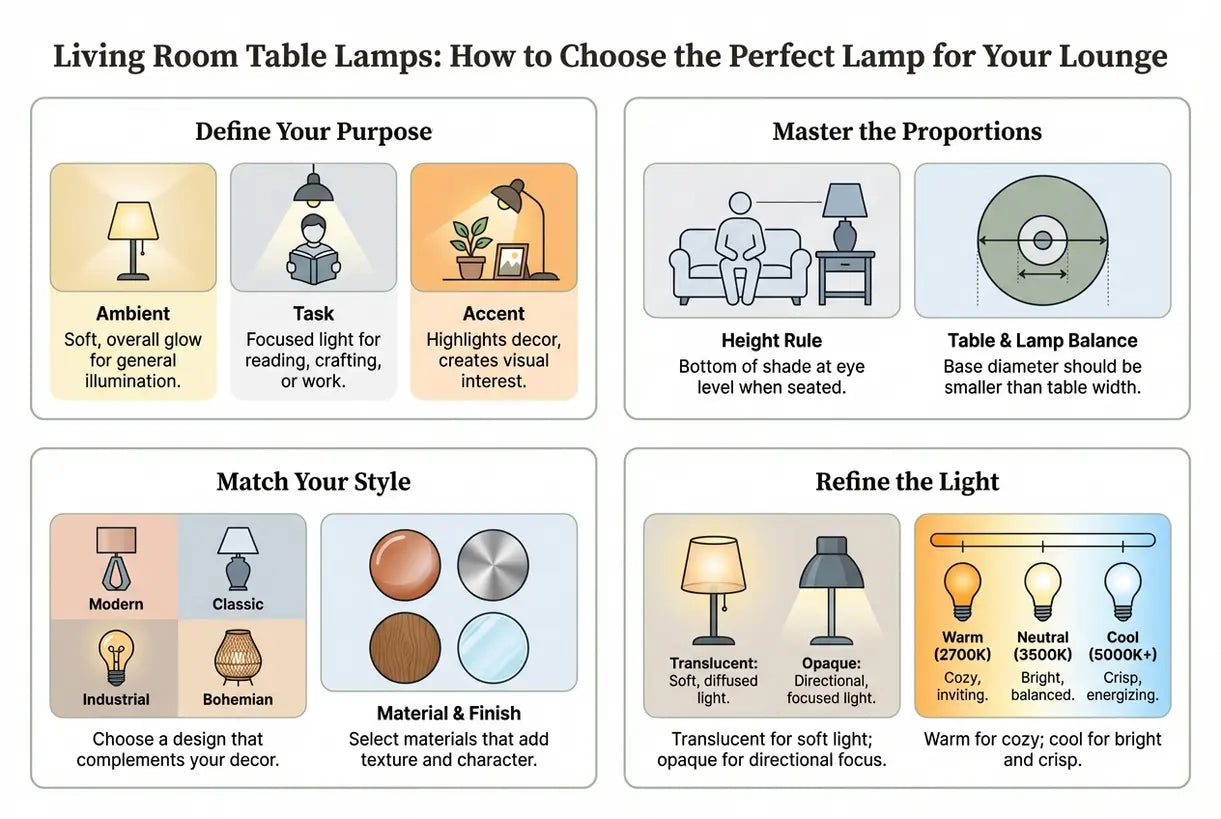Woonkamer Tafellampen: Hoe u de perfecte lamp voor uw lounge kiest - infographic