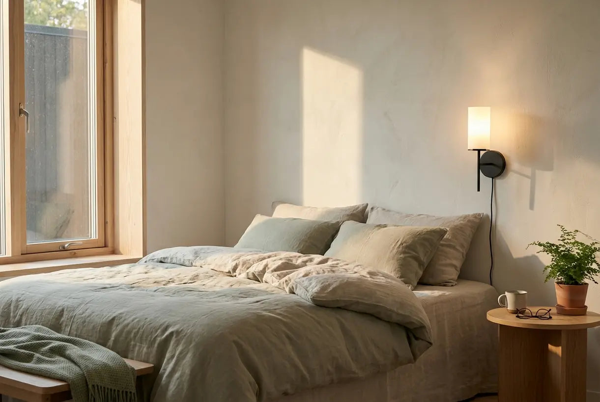 Scandinavian bedroom with black wall sconce providing ambient bedside lighting in modern interior