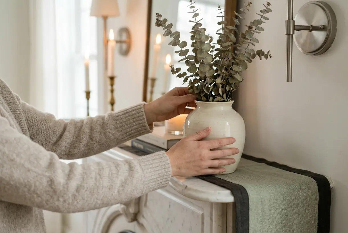 Hands styling ceramic vase on fireplace mantel with candlelight and Scandinavian decor