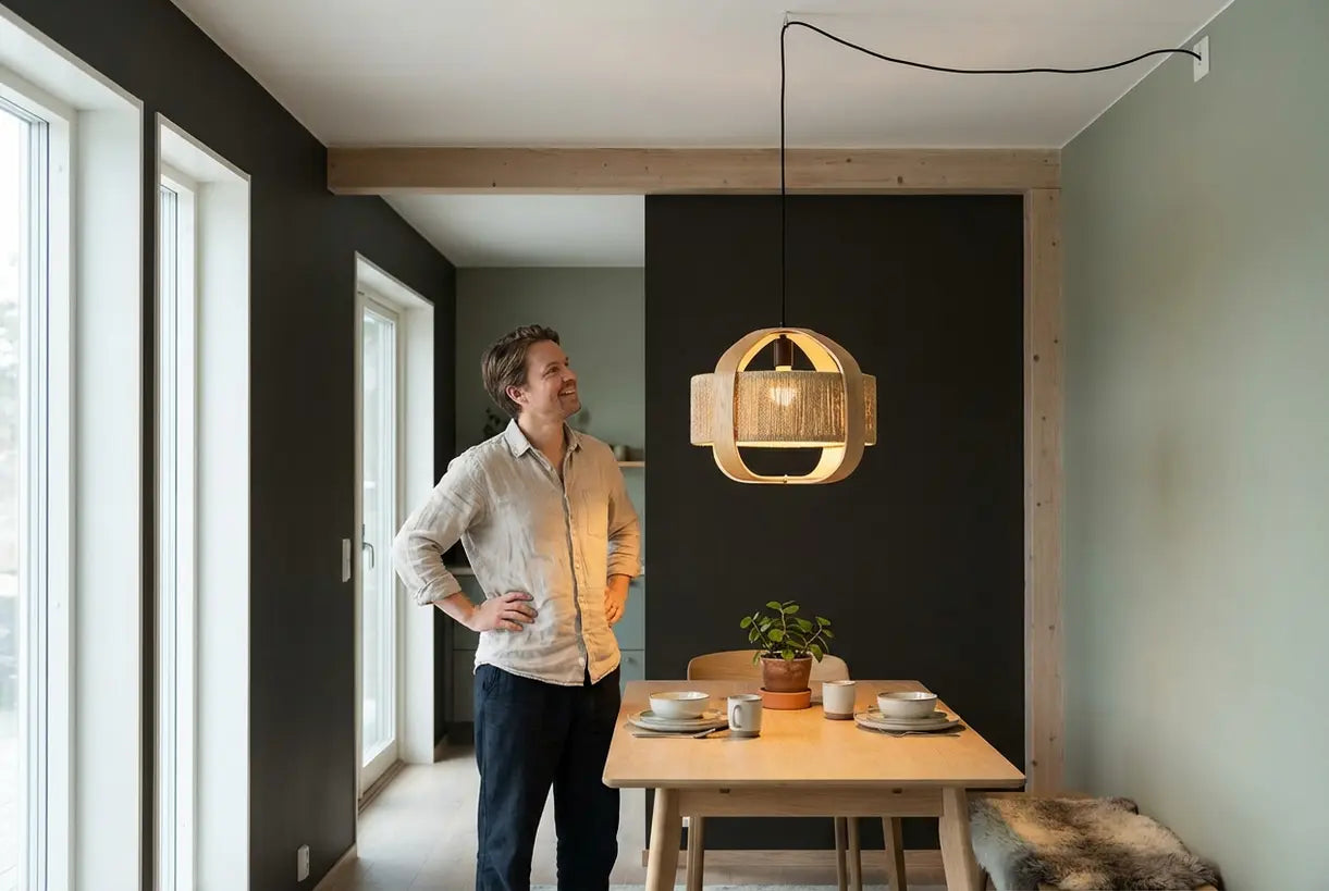 Voltooide doe-het-zelf pendelarmatuurinstallatie in Scandinavische eetkamer