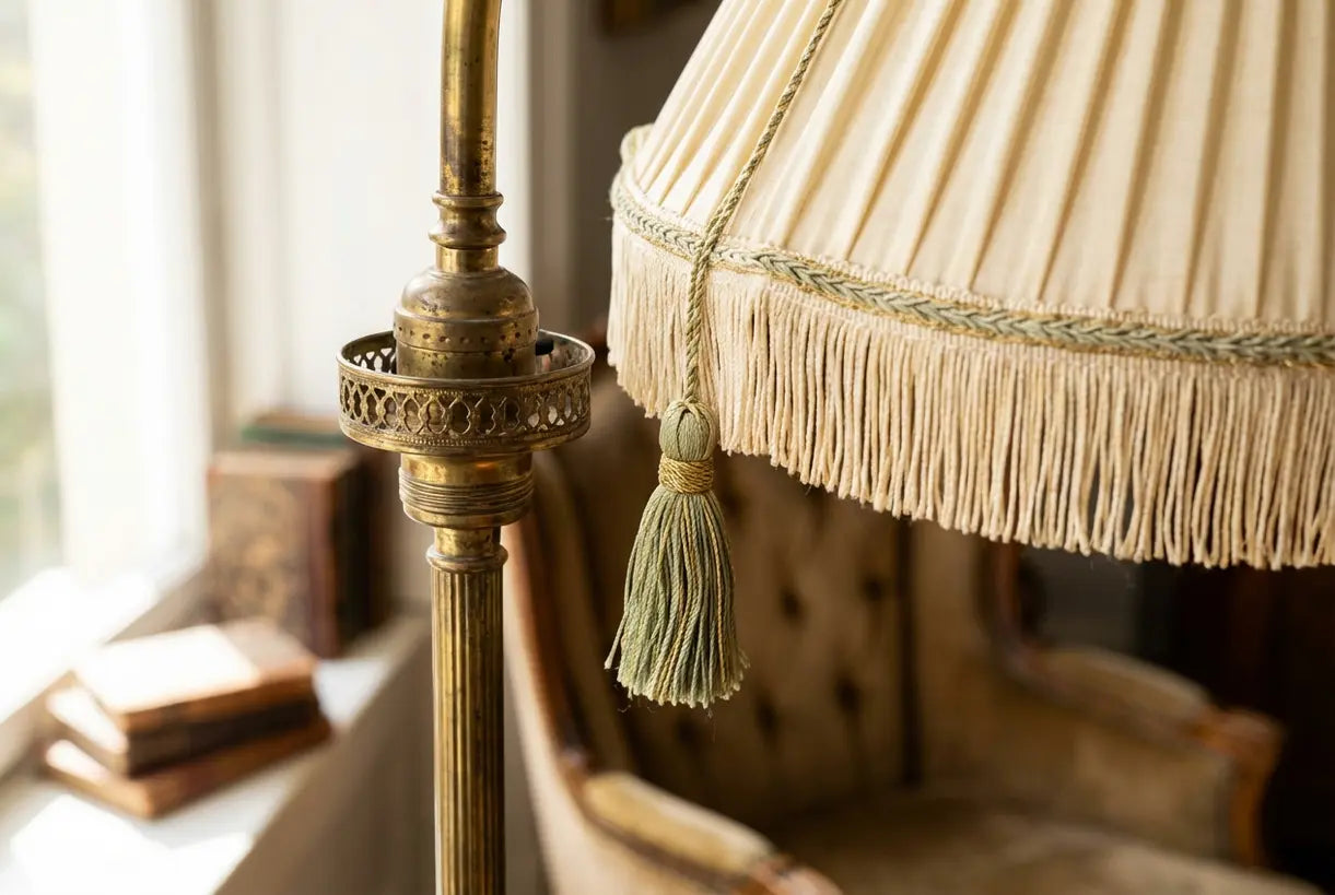 Detail van vintage messing vloerlamp hardware met geplooide stoffen kap