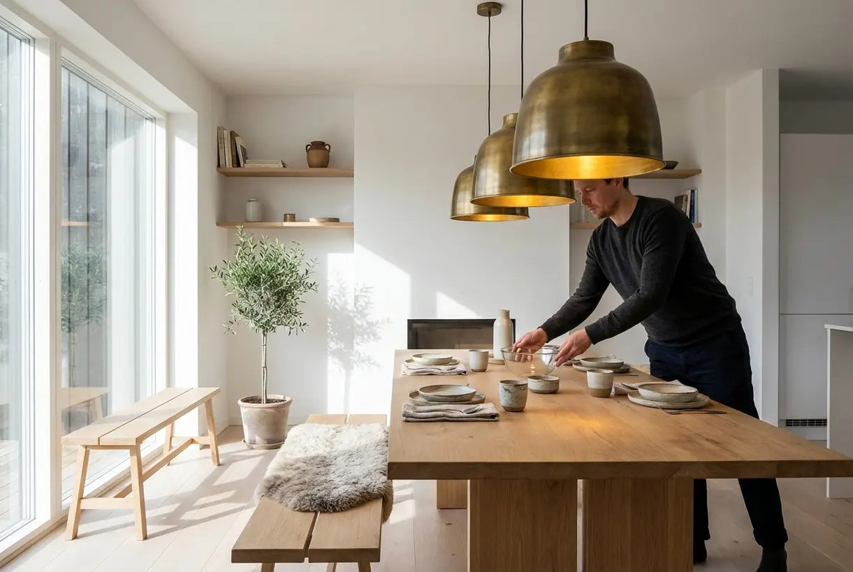 Scandinavische eetkamer met klokvormige hanglampen boven witte eiken tafel