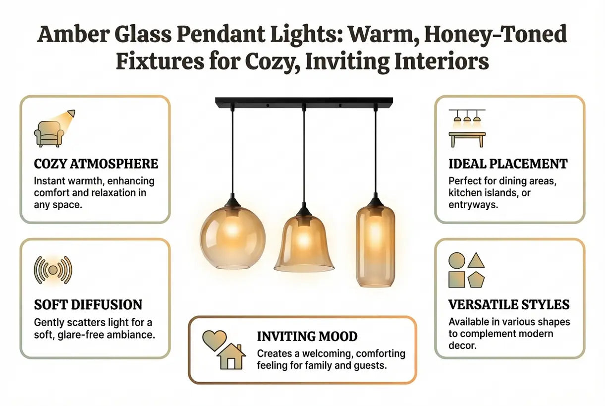 Amberkleurige glazen hanglampen: Warme, honingkleurige armaturen voor knusse, uitnodigende interieurs - infographic