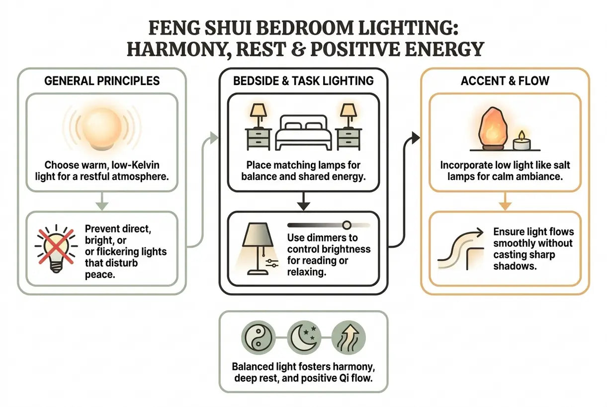 Feng Shui Bedroom Lighting: How to Arrange Light for Harmony, Rest & Positive Energy - infographic