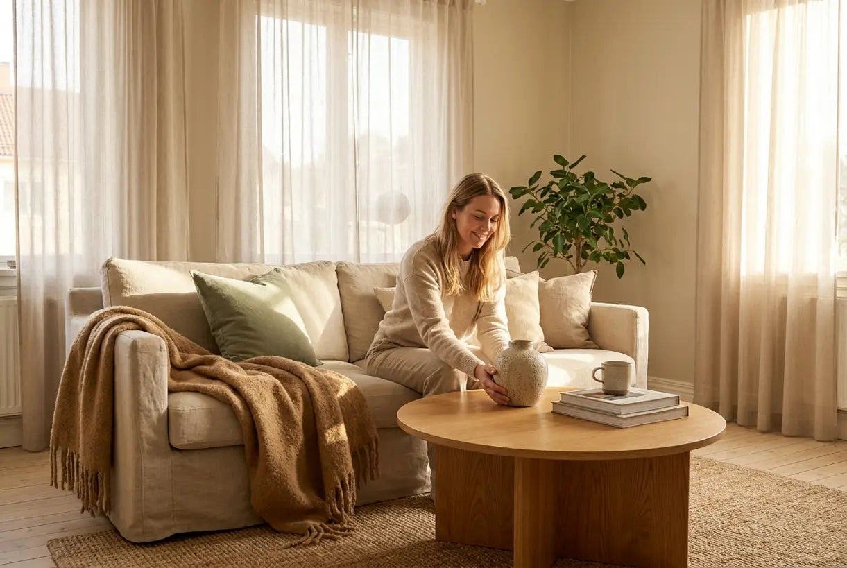 Scandinavian living room with beige interior design, natural light and warm neutral decor
