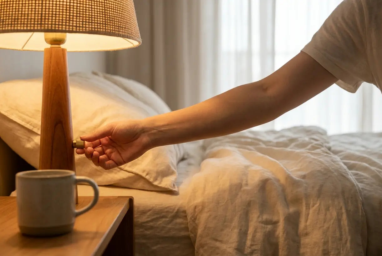 Hand adjusting dimmable bedside lamp for cozy bedroom mood lighting atmosphere