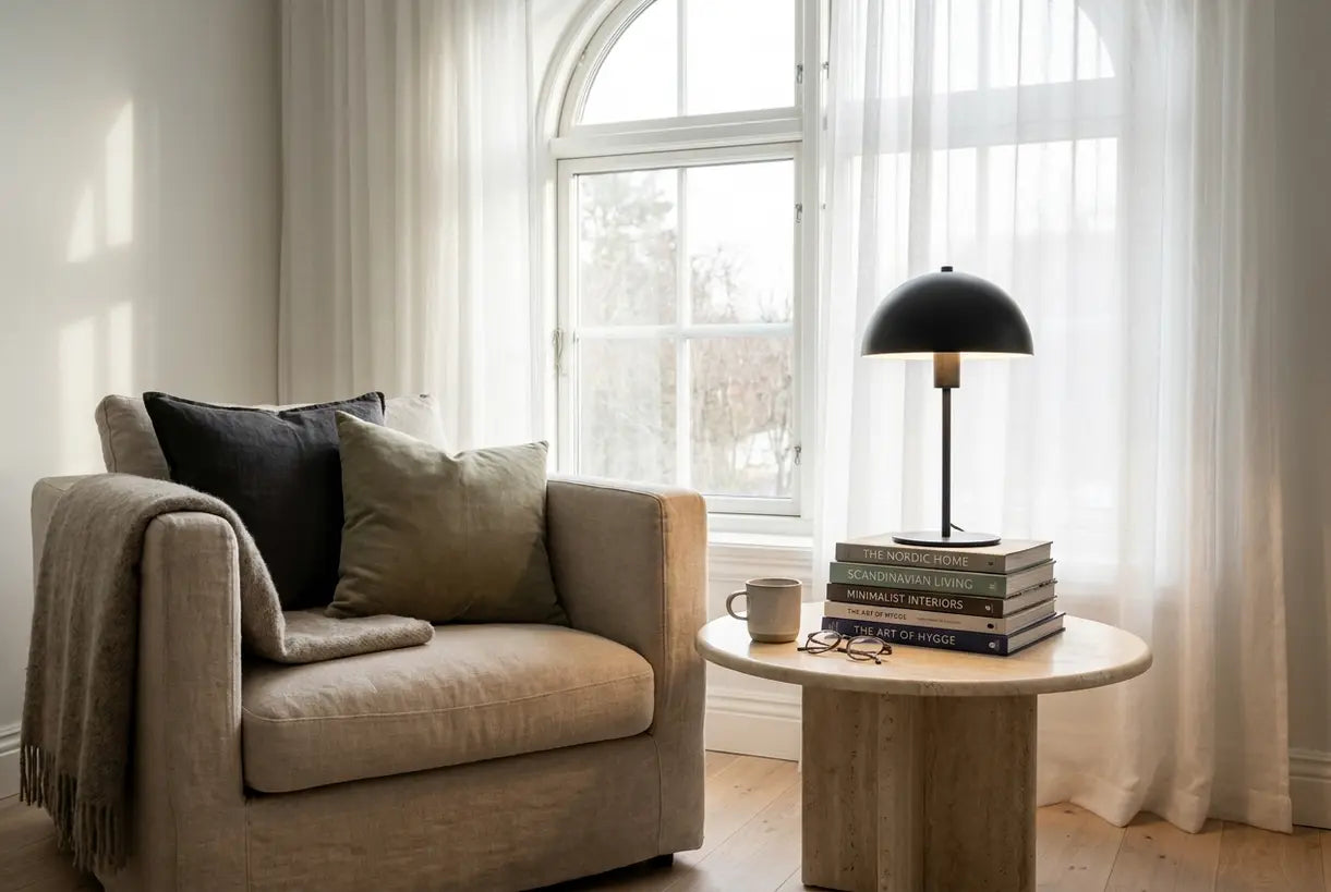 Scandinavian reading nook with curated interior design books and warm lighting