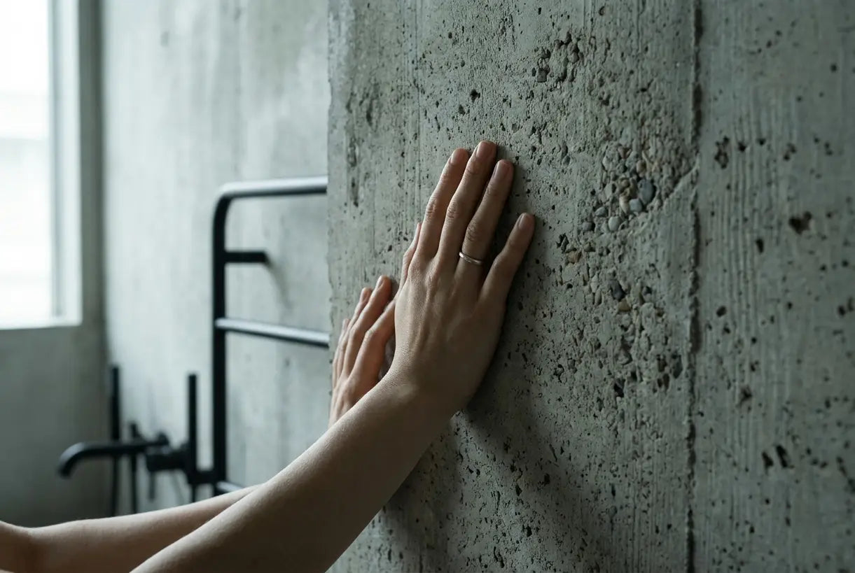 Hands touching raw concrete wall texture in brutalist interior design space