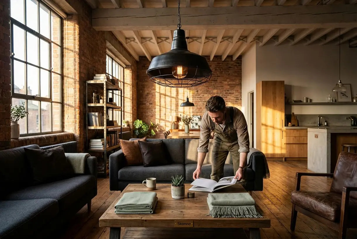 Industriële plafondlamp hangend in loft interieur met zichtbare bakstenen muren en natuurlijk licht